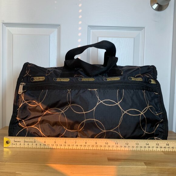 LeSportsac Black & Gold Geometric Nylon Duffel Bag – Weekender Travel Tote w/ St - Picture 2 of 12